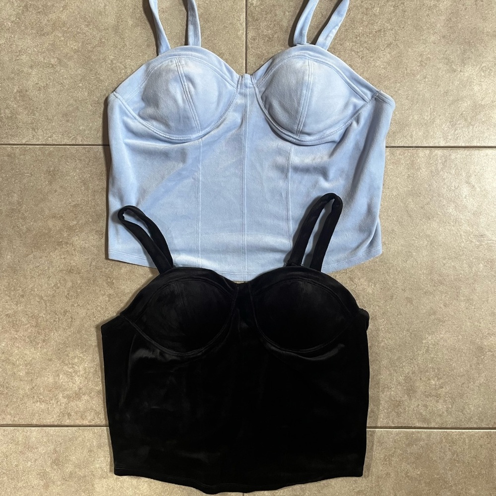 Set Of 2 Baby Blue And Black Velvet Bustier Crop Tops Y2K Youth 19 XXL 21 XXXL